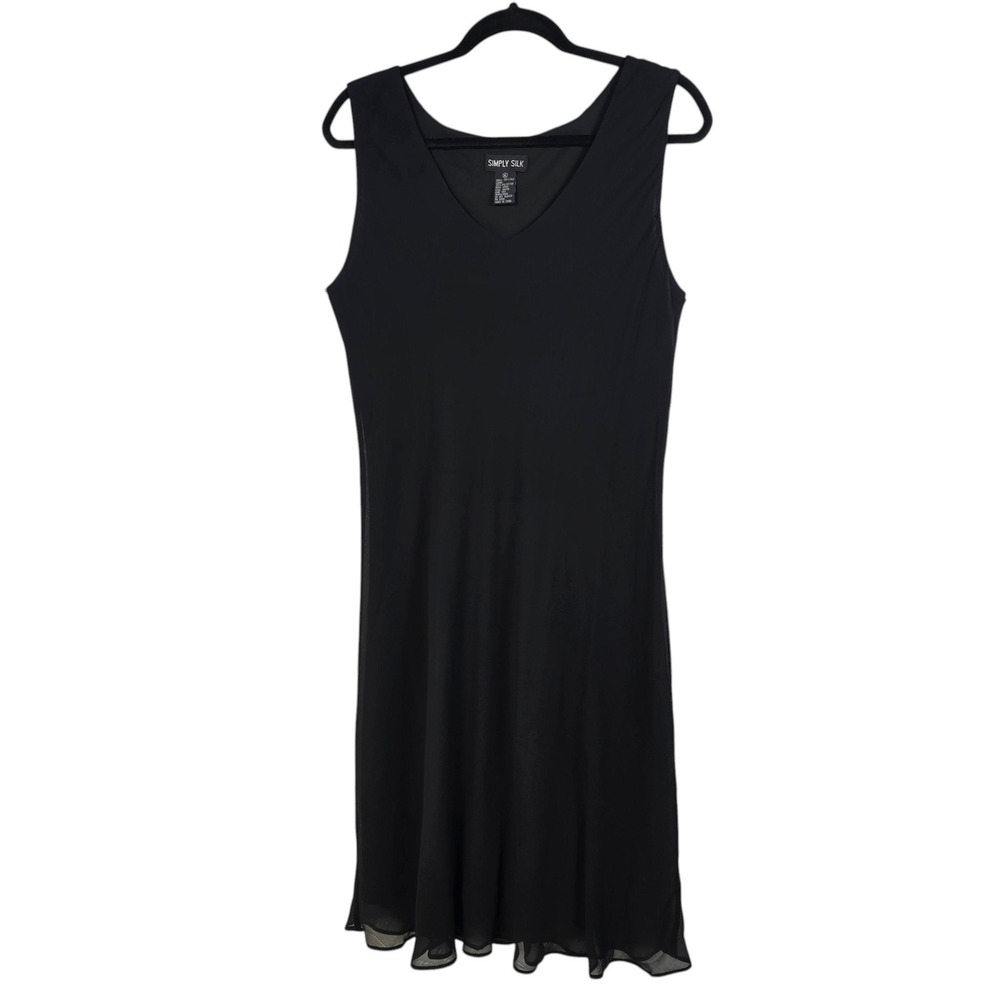 Simply Silk Black 100% Silk V-Neck Sleeveless Midi Dress Lettuce Hem Womens XL